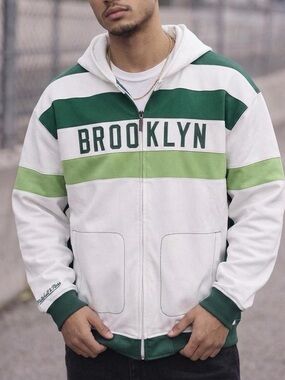 Mitchell & Ness White and Green Embroidered Cuff Beanie